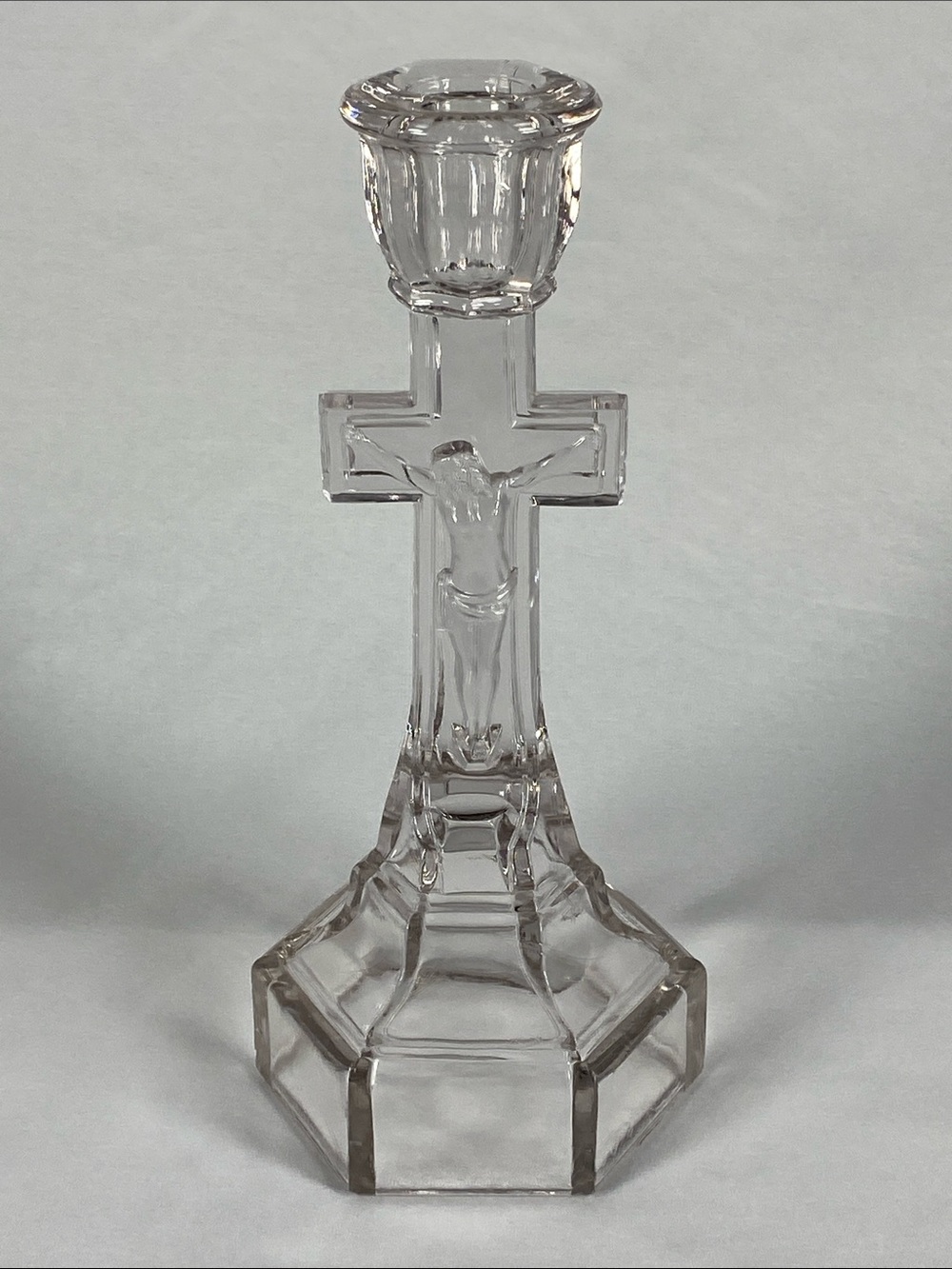Imperial Glass Vintage Pressed Clear Glass Crucifix Candlestick Altar Holder 9.5